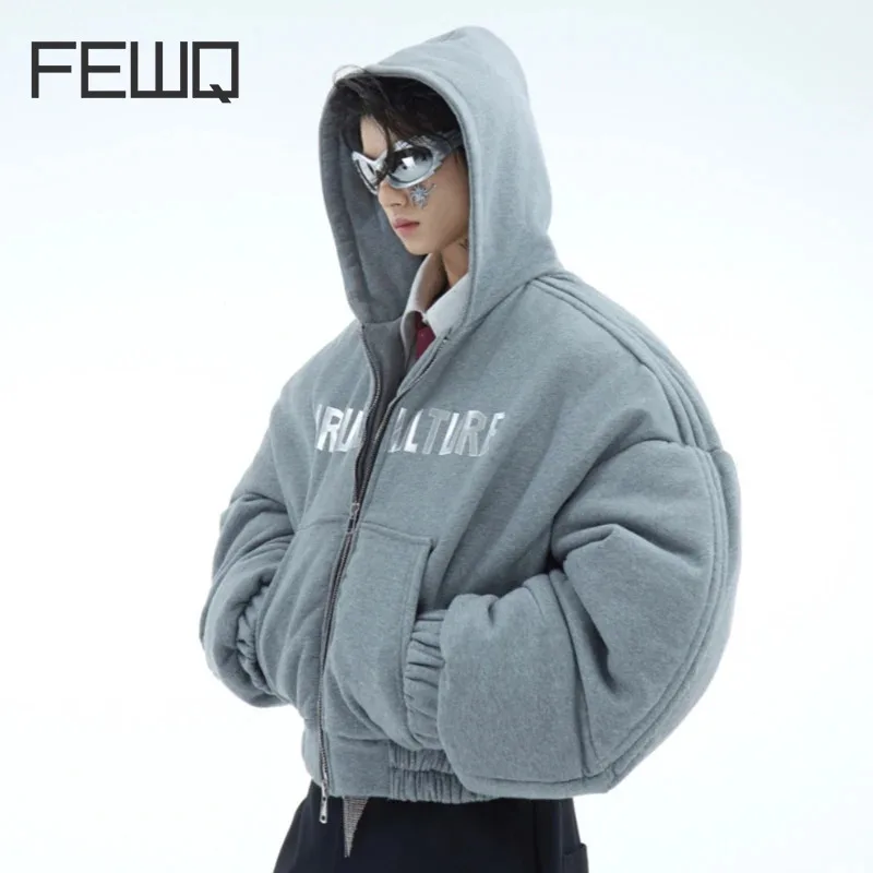 FEWQ Metal Print Hooded Loose Thick Cotton Jacket 2025autumn Winter Parka Coat Streetwear Long Sleeve Male Tops 24K1058