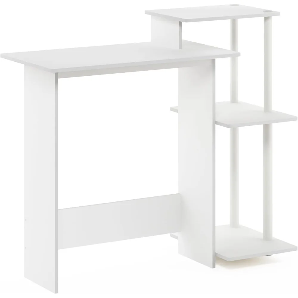 مكتب ألعاب مدمج مع 3 أرفف جانبية، طاولة كمبيوتر للمكتب المنزلي لغرفة الدراسة والنوم، أبيض