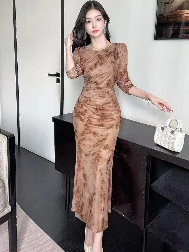 Femmes imprimer maille plissée moulante longue robe automne hiver élégant décontracté maison robe 2025 coréen Vintage à volants luxe robes