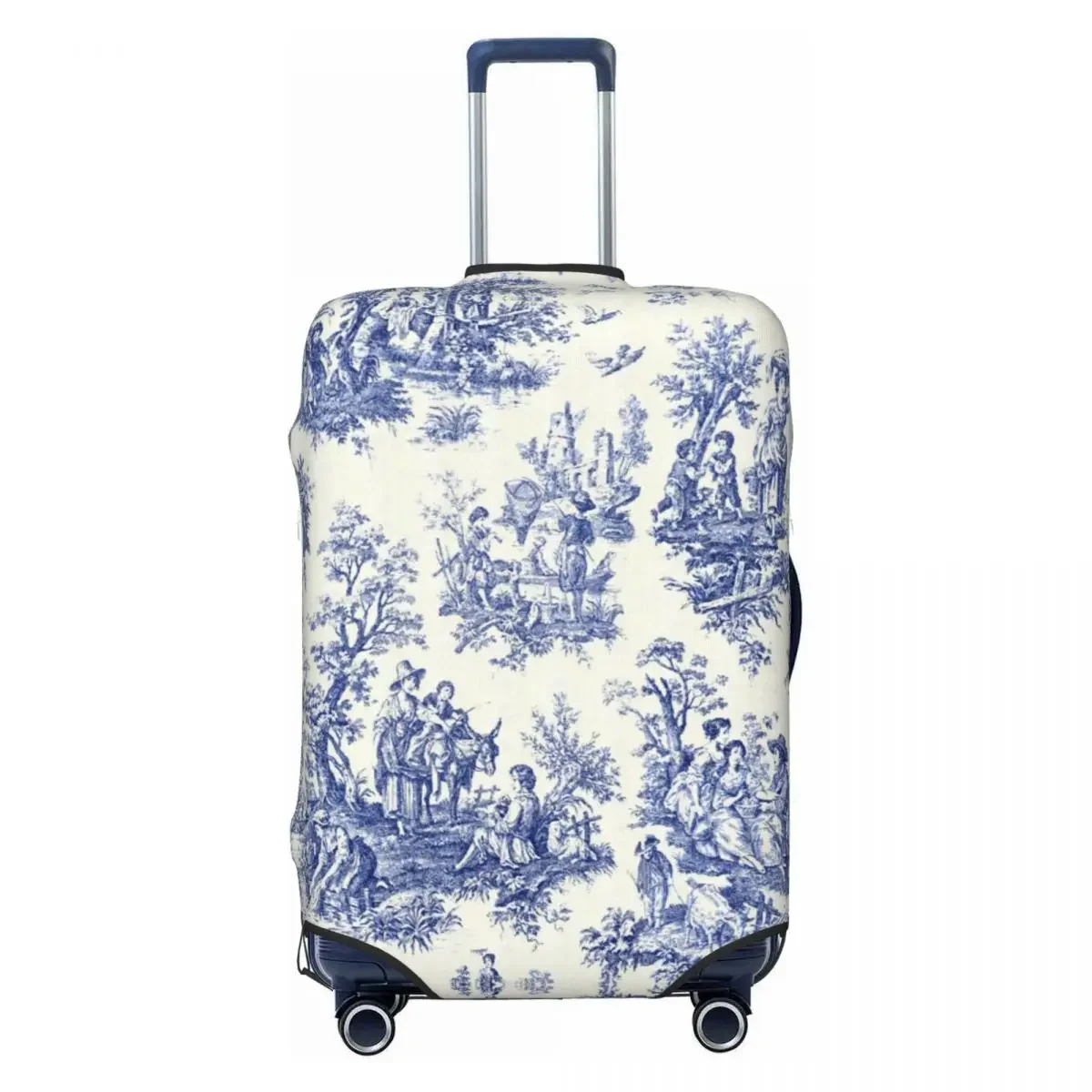 

Custom Classic French Navy Blue Toile De Jouy Motif Pattern Luggage Cover Cute Suitcase Protector Covers Suit For 18-32 inch