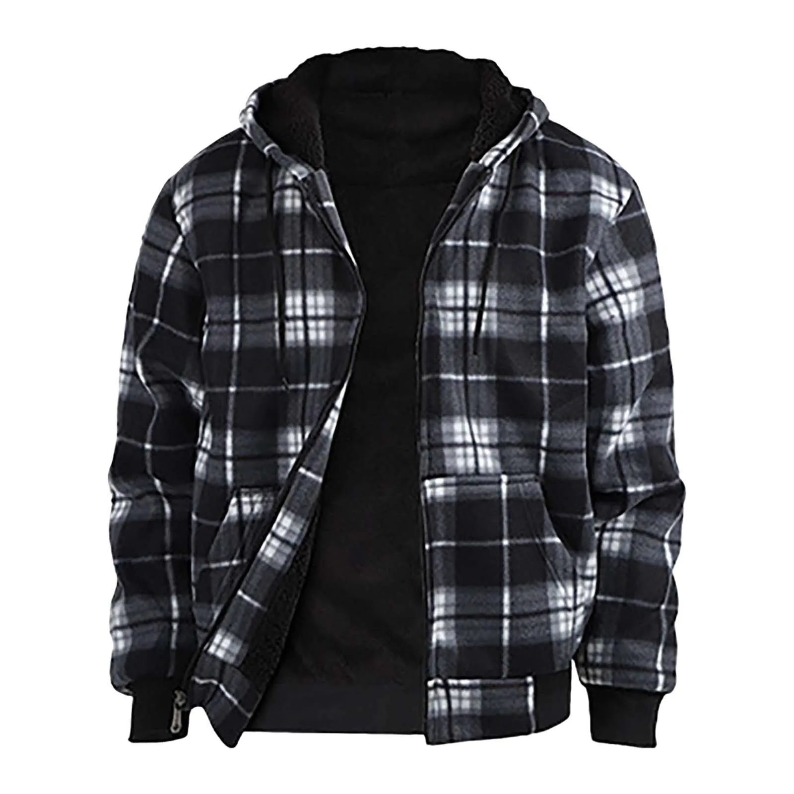 Men's Plaid Hooded Coat Winter Padded Sweatshirt Jacket Long Sleeve Zipper Shirt Jacket Casual Varsity Hooded Jacket Male Cloth