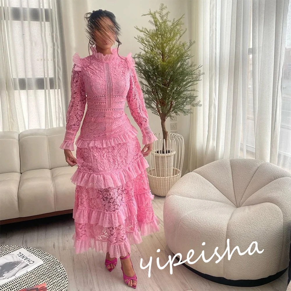 Jiayigong Prom Lace Tiered Ruffles Graduation A-line High Collar Custom Occasion Gown Sukienki midi