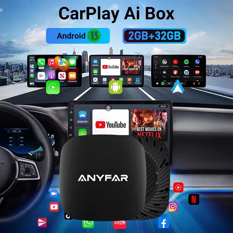 2025 ANYFAR Android 13 3 en 1 CarPlay Ai Box adaptador USB inalámbrico Android Auto 2G 32G para Youtube Netflix conexión automática