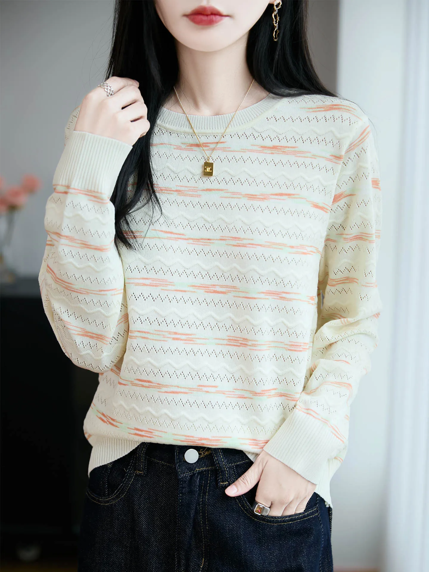 

Женский свитер из 100% мериносовой шерсти для отдыха, пуловер в полоску с круглым вырезом, осень-зима, с длинными рукавами, мягкая одежда в корейском стиле