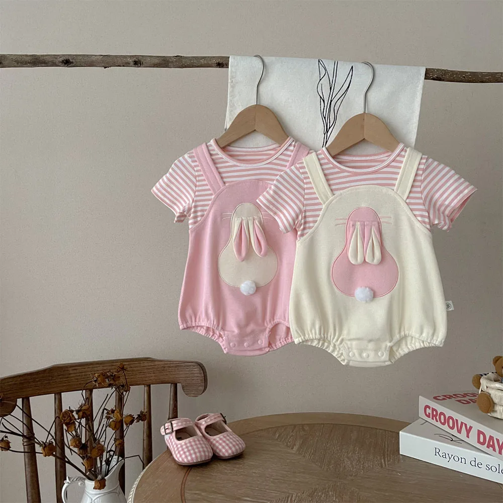 Embroidered Cute Rabbit Baby Jumpsuit, Personalized Customization Short Sleeved Baby Summer Jumpsuit, Baby Gift Set With Name