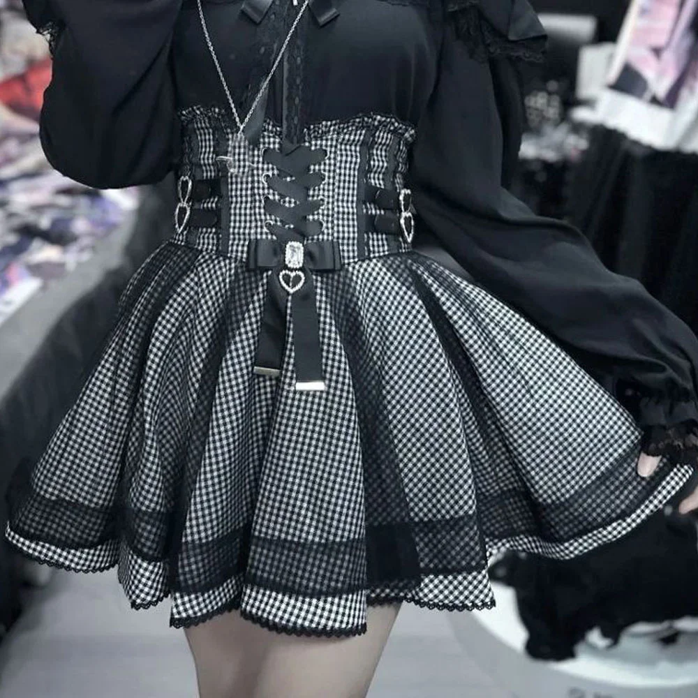 

2022, японская кружевная черная плиссированная мини-юбка в стиле каваи с высокой талией и бантом, короткие клетчатые юбки в стиле Лолиты, фигуристка в консервативном стиле