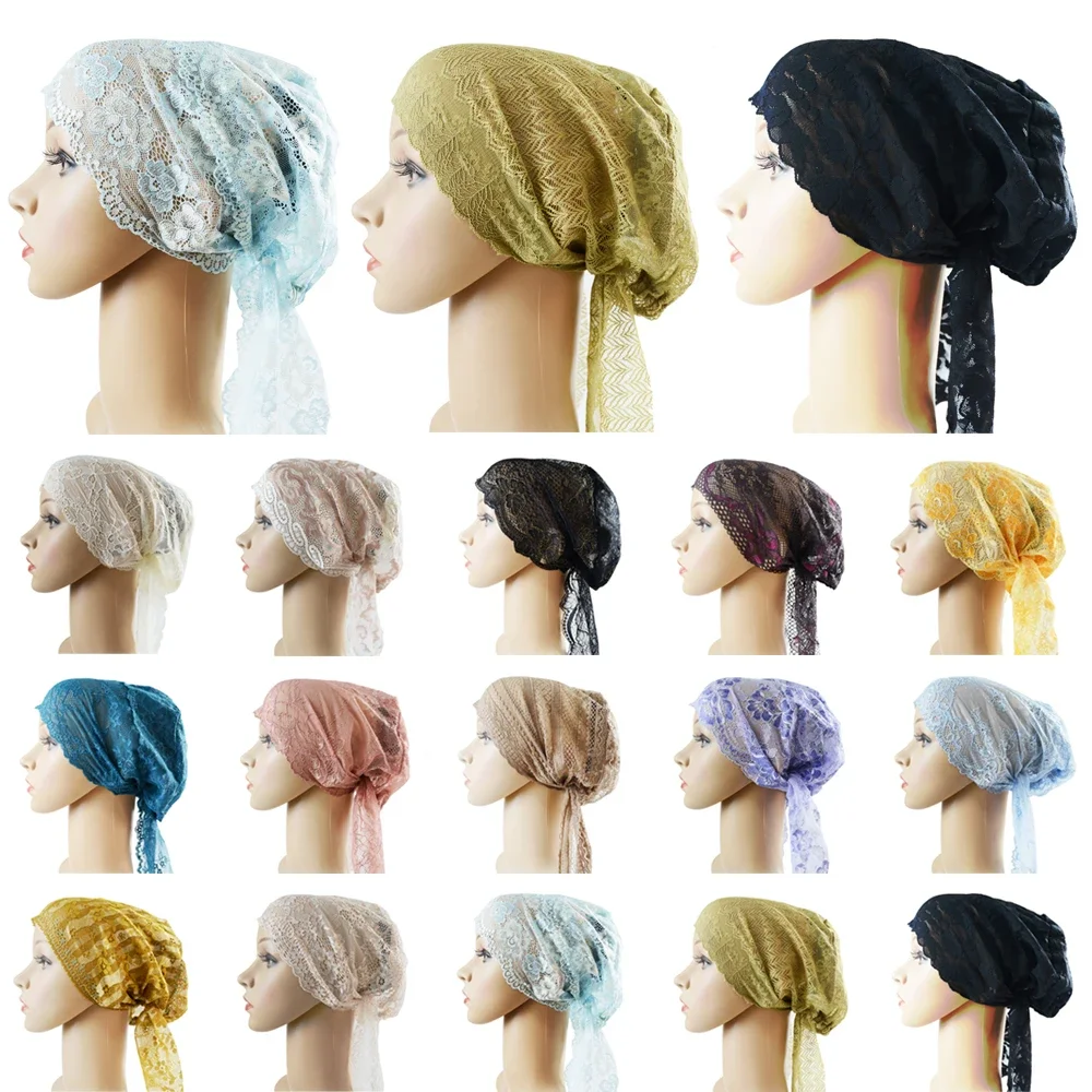 Frauen Muslimische Innere Spitze Kappe Hijab Arabische Spitze Islamische Kopfbedeckung Turban Hut Wraps Arabische Blume Spitze Turban Motorhaube Hut