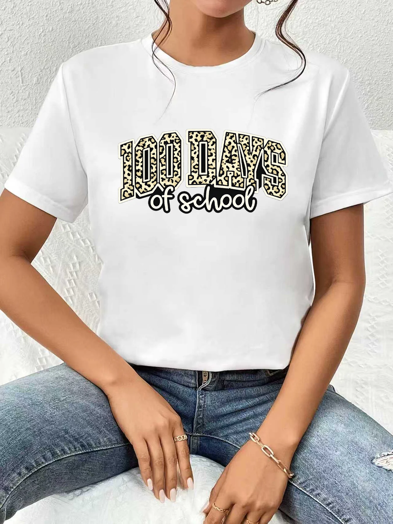 

【WDS03173】Trendy leopard letter print round neck plus size women's T-shirt summer casual short sleeved fashionable versatile Top