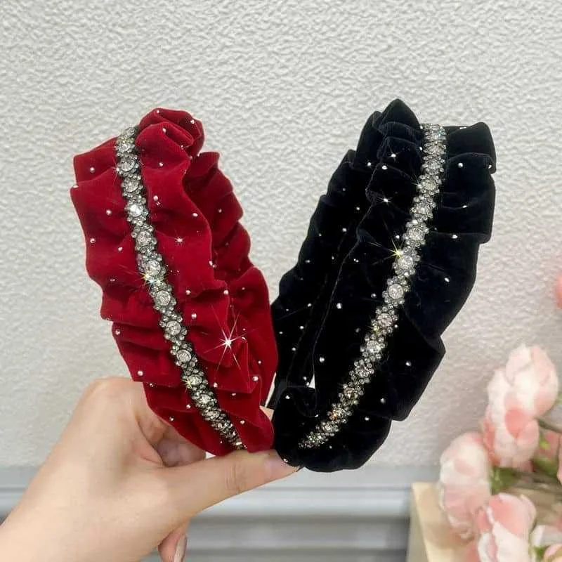 French Elegant Rhinestone Pleated Gold Velvet Headband with A High-end Feel and Temperament Water Drill Headband image 5