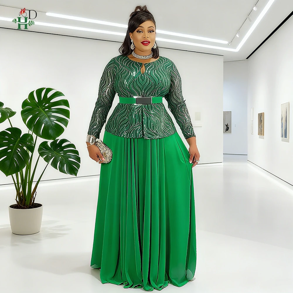 

New Plus Size African Women's Gown Green Sequin Embellished Top with Long Sleeves Pleated Belt Maxi Dress For Weddings Parties