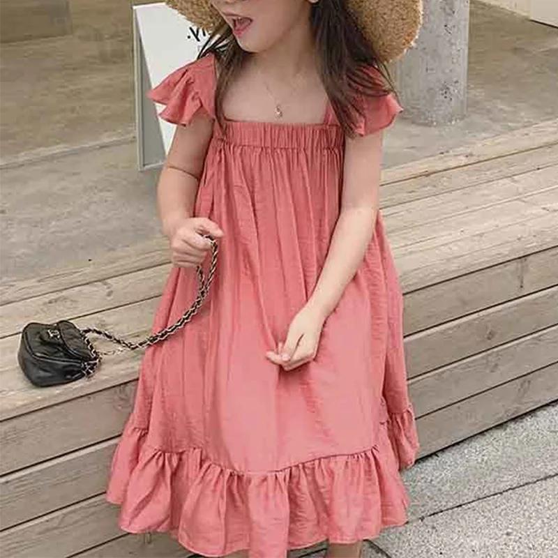 

Summer Vacation Solid Sleeveless Patchwork Ruffles Girls Dresses for Children Clothes Casual Square Collar Folds Princess Dress