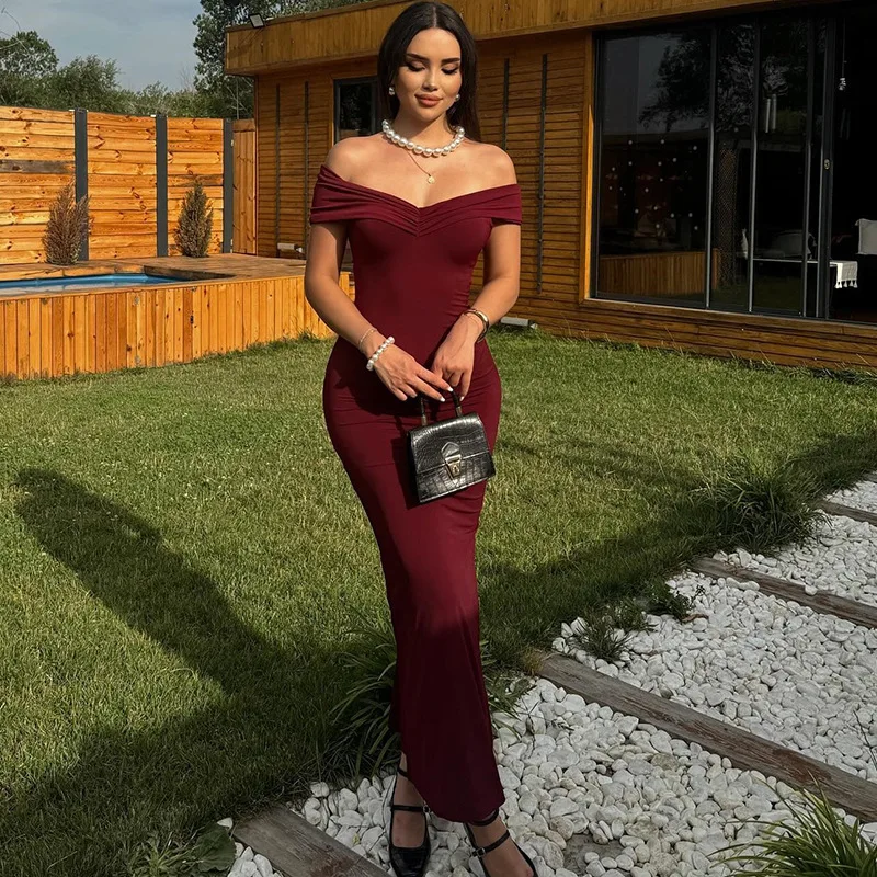 

SKMY Y2k Clothes Women Autumn Solid Color Sexy Off The Shoulder Pullover Backless Dress Casual Temperament Bodycon Long Dresses