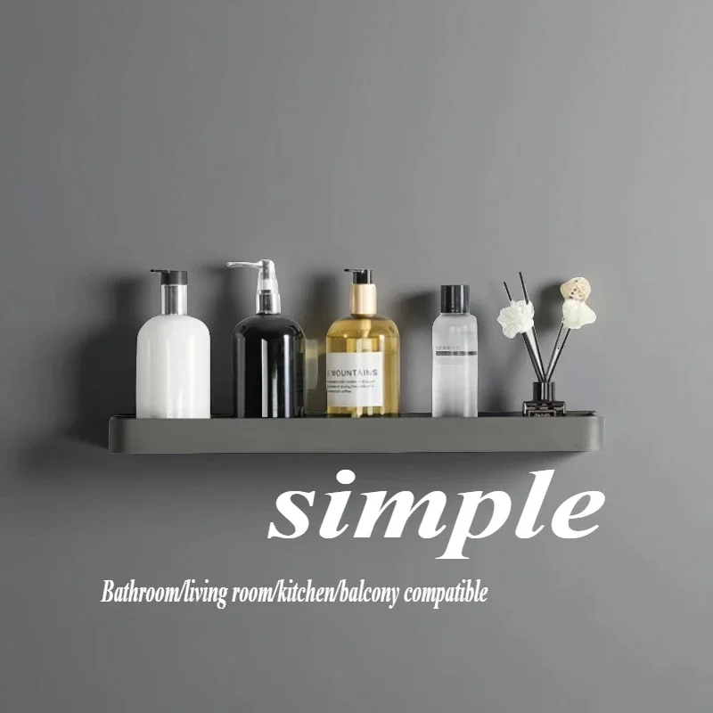 Bathroom Shelf - Space Aluminum, Wall-Mounted, Single Tier, Gray, No-Drill, Minimalist Design, Shower/Toilet Storage