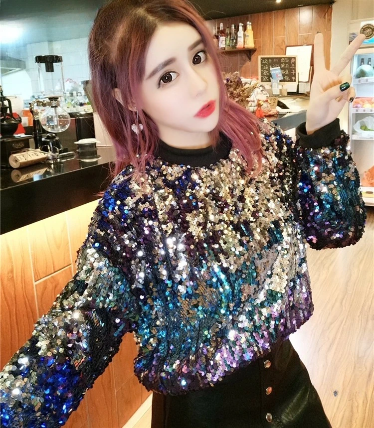 

European Style Spring and Autumn Shiny Gradient Sequin Round Neck Pullover Long Sleeve Short Sweatshirt Coat Women Y2k Top