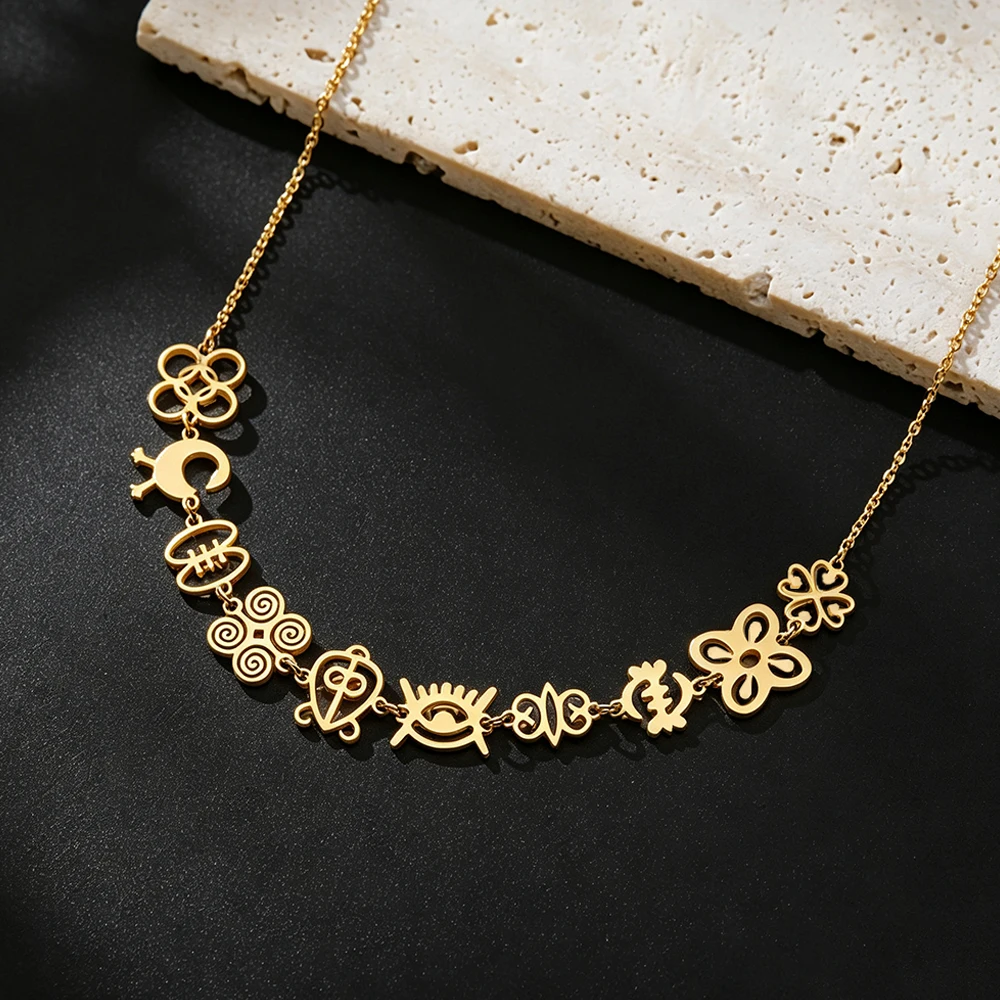 Afrikanische Adinkra-Symbole Halskette Vintage Schutz-Totem Anhänger Edelstahl Westafrikanischer Ghana Ethnischer Spiritueller Schmuck Geschenk