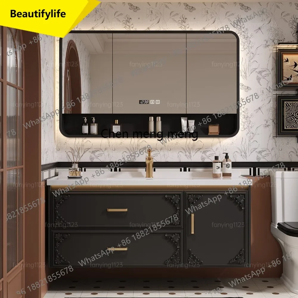 

6239 French retro light luxury bathroom cabinet combination oak ceramic integrated wash basin smart wash table