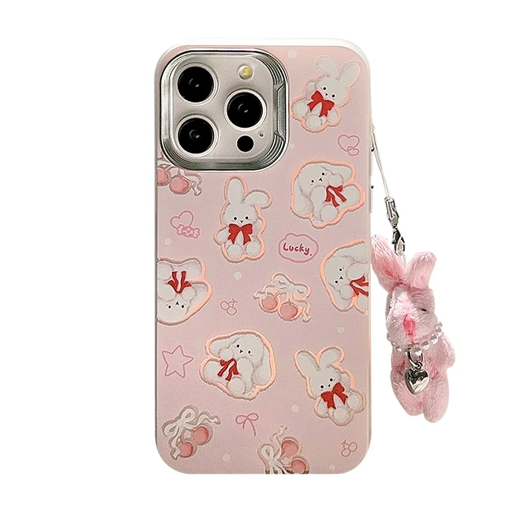 Pink laser bunny ins rabbit pendant sweet bow cherry cartoon cute phone case for iphone 15 14 plus pro max 11 12 13 promax cover