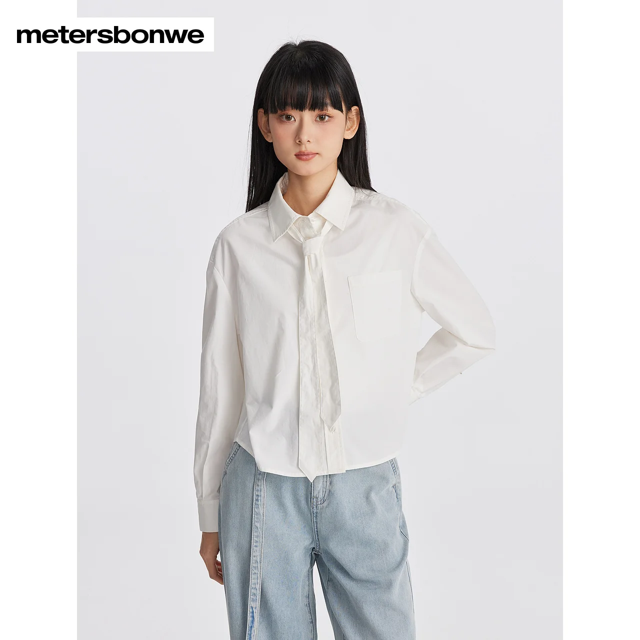 

Metersbonwe-Women's Long Sleeves blouse 100%Cotton Detachable Ribbon New Simple Shirts Campus Daily Travel Leisure Autumn Winter