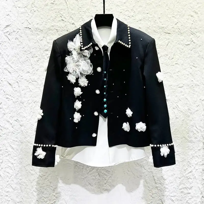 Men's Fashion Lapel Jacket Three-Dimensional Flower Design Beaded Short Coats Autumn Trend New Handsome Menswear NHJY7
