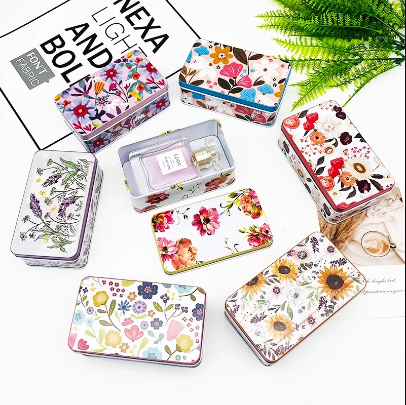 Korean Flower Pattern Candy Storage Tin Box Small Rectangular Empty Metal Jewelry Case Home Coin Earrings Organizer Container