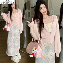 Sweet and Versatile Fashion New Long Sleeved High Waisted Plaid Half Length Skirt Jacket Butterfly Inner Matching Women's Three