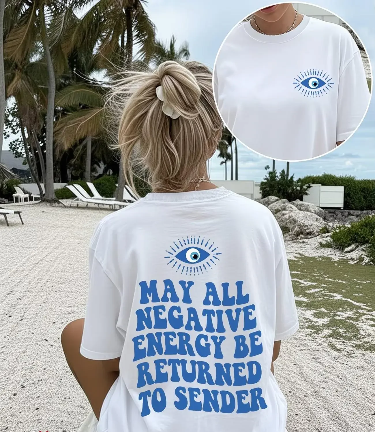 Evil Eye Graphic Women T Shirt May All Negative Energy Be Returned To Sender Slogan Tops Back Print Aesthetic Casual Summer Tee