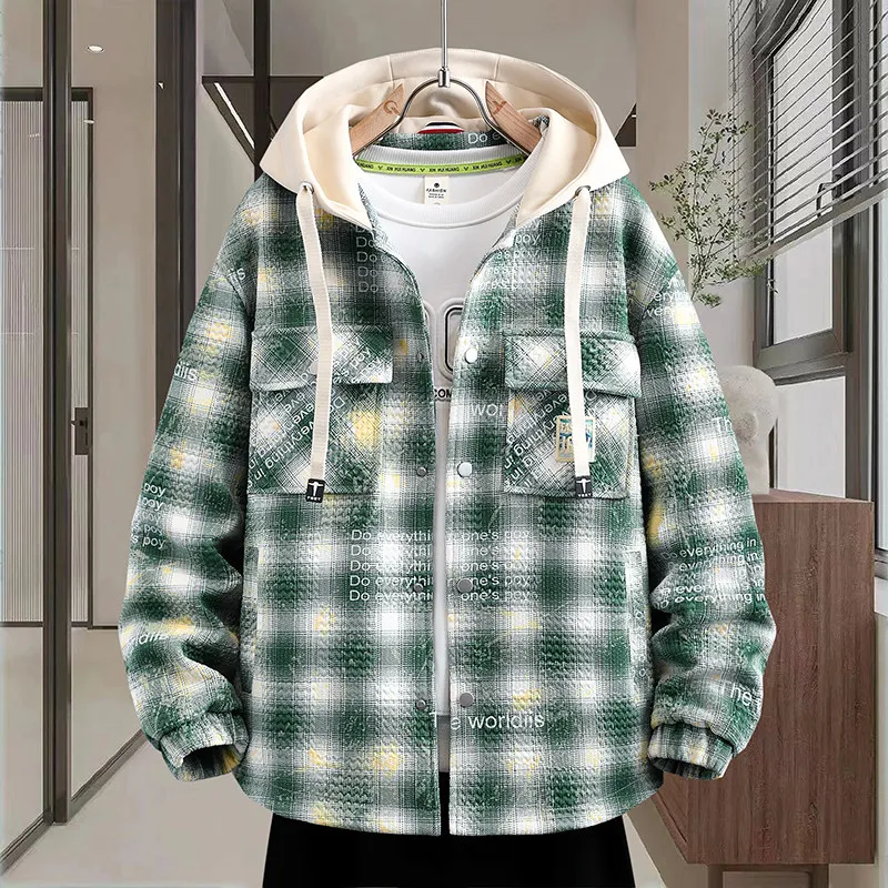 

Куртка для подростков в клетку, свободного кроя, с капюшоном, имитация двухслойности, в гонконгском стиле, весна-осень, из смеси хлопка, лиоцелла и полиэстера