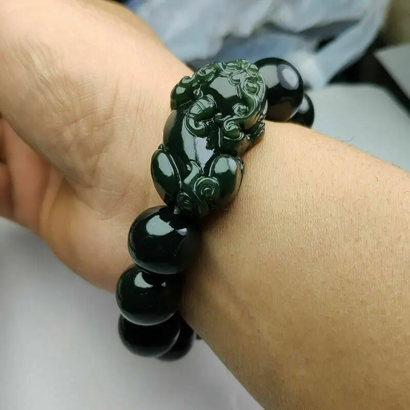

Certified Genuine Natural Dark Green Hetian Jade Bead Pixiu Bangle Bracelet