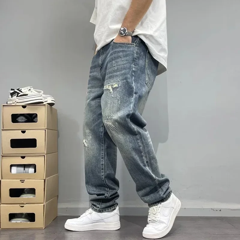 Spring American Casual Retro Patchwork Men's Straight Loose Fit Jeans Versatile Cone Shaped Poor Boy Pants