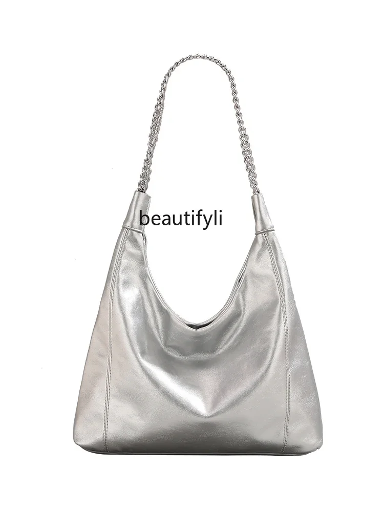 

Premium silver tote bag women's new large-capacity commuter handbag chain shoulder armpit bag