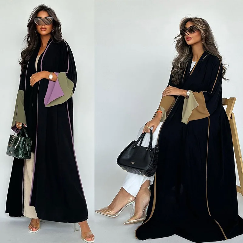 

New Arrival Dubai Elegant Islamic Women Long Sleeve Dress Patchwork Large Sleeve Open Abaya Full Length Abaya Muslim Dress