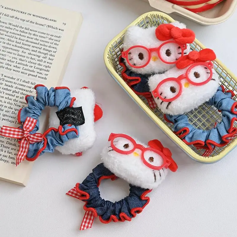 

New Cute Cartoon Plush Hello Kitty Denim Headband Kawaii Ponytail High Elasticity Hair Rope Elastic Band Headwear Accessories