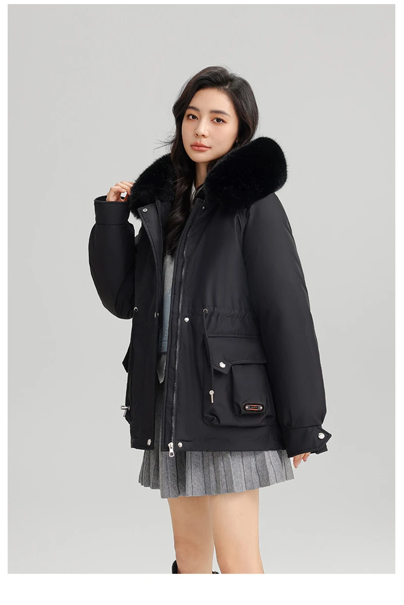 Winter New Warm Down Cotton Jacket with Large Fur Collar Hooded Coat Loose Women Thicken Parker Puffer Overcoat Casual Wear