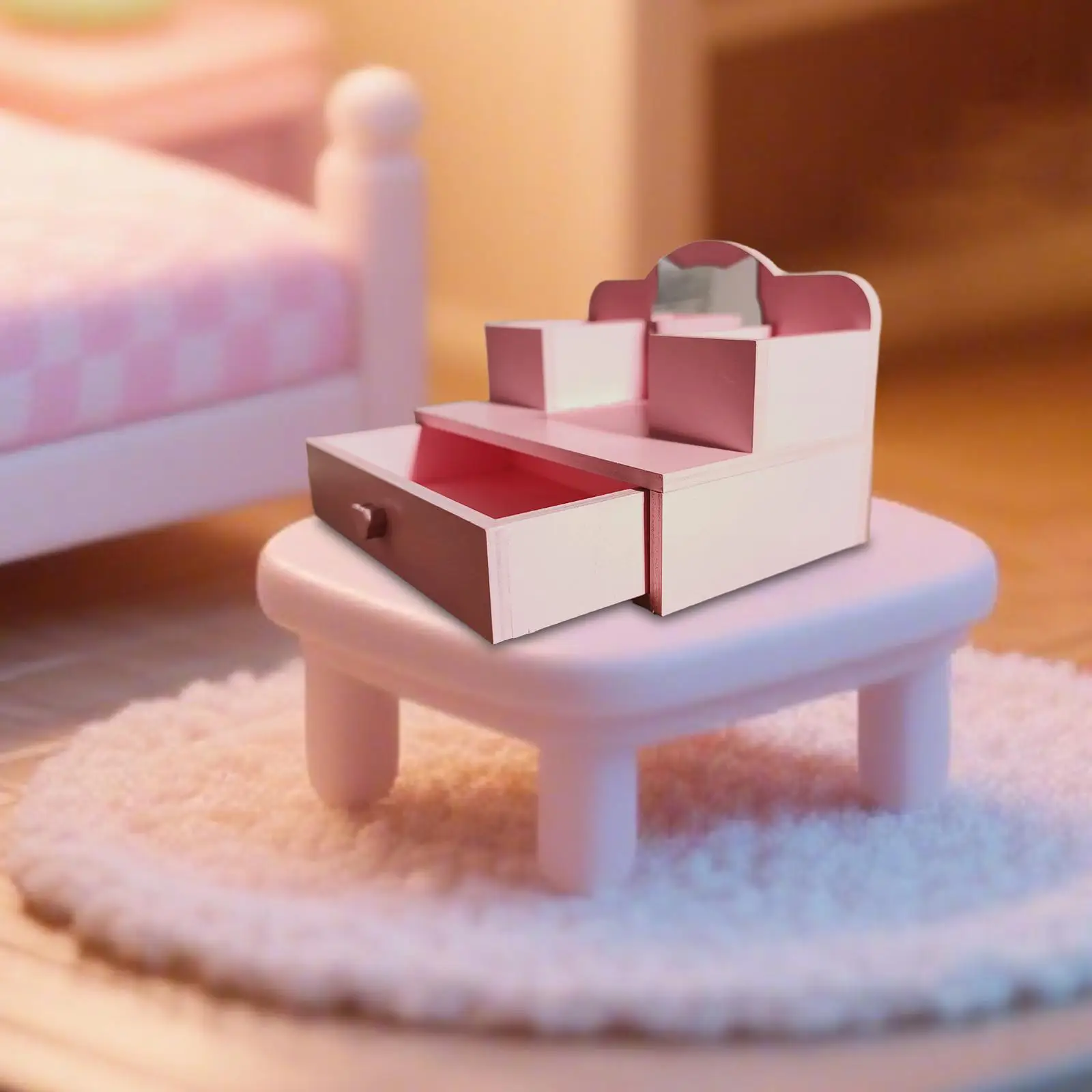 ตู้เครื่องแป้งไม้จิ๋วสำหรับบ้านตุ๊กตา กล่องเก็บของขนาดเล็ก รุ่น 1/12 เฟอร์นิเจอร์จิ๋วสำหรับห้องนอนบ้านตุ๊กตา งานฝีมือ