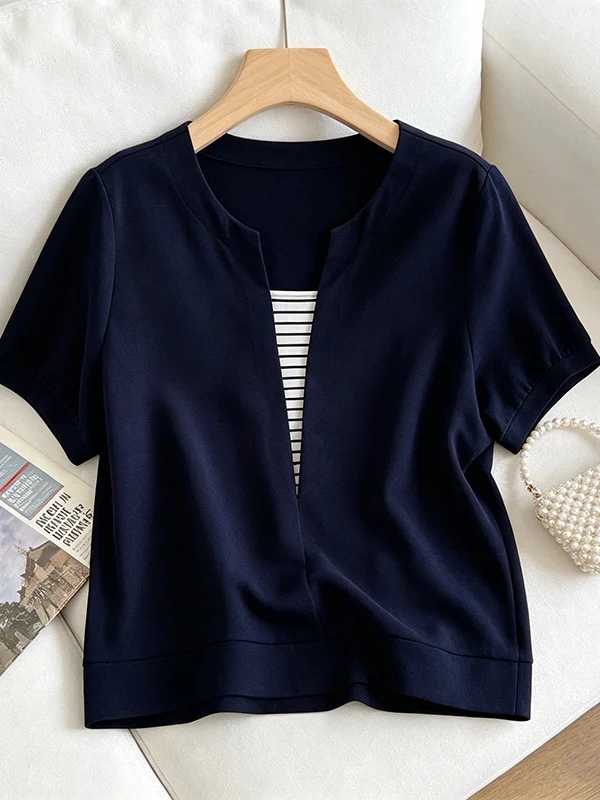 

plus Size Women's Fashionable V-Neck Splice Slimming Summer Short Sleeve T-Shirt Korean Style Straight Cut Thin Material