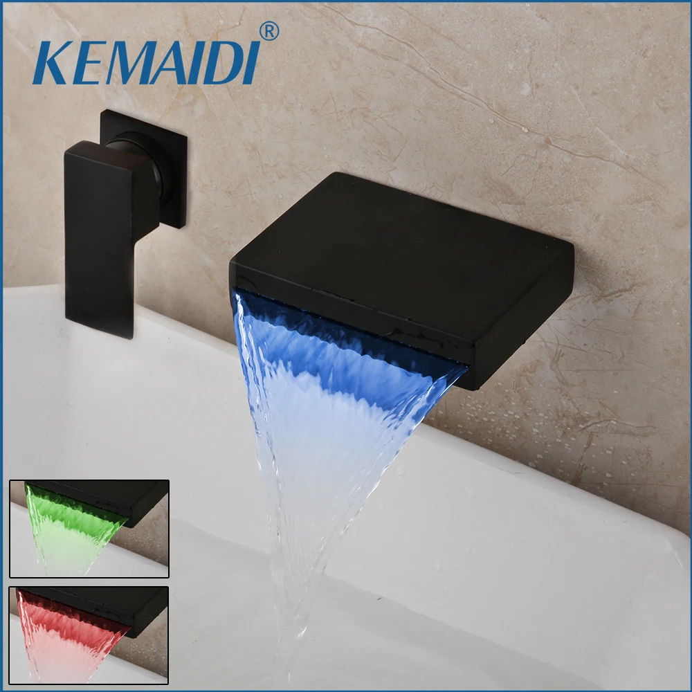 

KEMAIDI Black Bathroom Basin Sink Faucet Wall Mounted Mixer Tap Bathtub Faucets Soild Brass Waterfall LED Mixer Single Lever