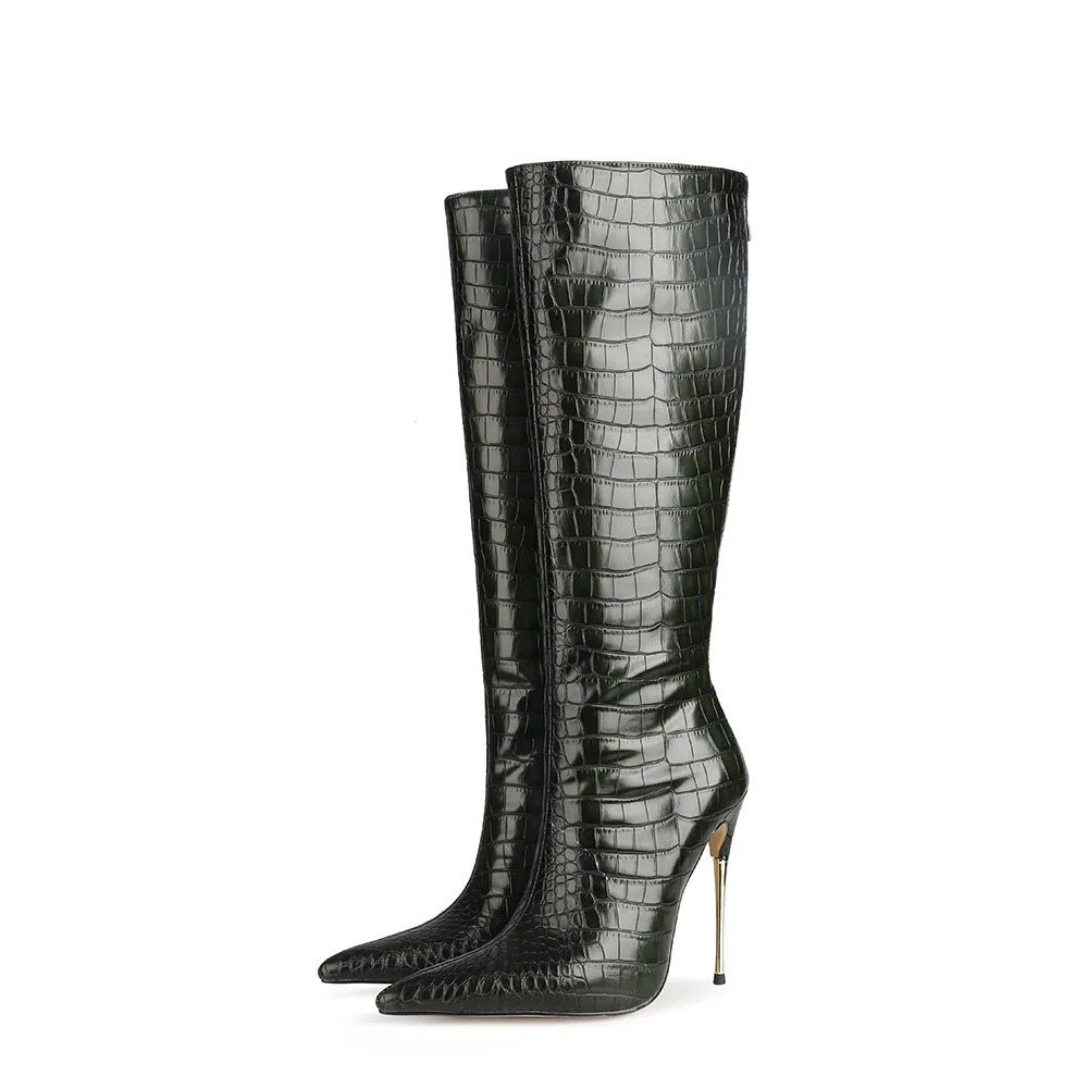 Sexy Crocodile-Print Knee-High Rider Boots Pointed Toe Stiletto Chelsea Women's Boots Zip Plus Size Women's Mid-Leg Boots 34&46