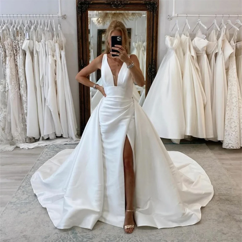 ROYCE Classic Deep V Neck Pleat Simple Sleeveless A Line Wedding Dress High Slit Floor Length Sweep Train Bride Of Woman Gown