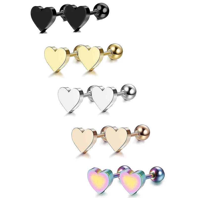 2Pcs Women stainless steel Heart Shape Love Screw Stud Earrings Piercing Jewelry Tragus Earrings Cartilage Helix Ear Bone Nail