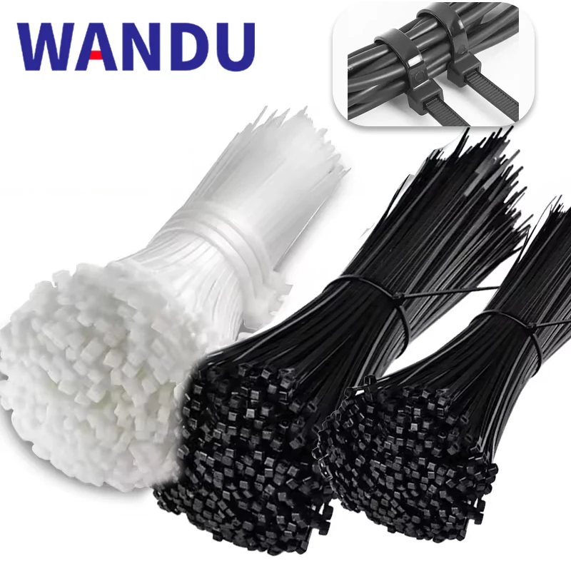 Wandu Self-locking Plastic Nylon Tie 100PCS/Bag Black/White Zip Wraps Strap Nylon Cable Tie Set Fastening Ring Loop Wire Wrap