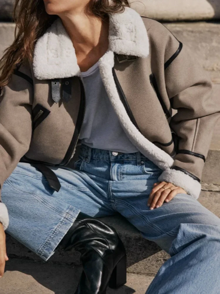 2024 Autumn Winter Women\'s Integration Jacket Streetwear Motorcycle Coat Fashion Turn-Down Collar Double Sided Lamb Fur Parka