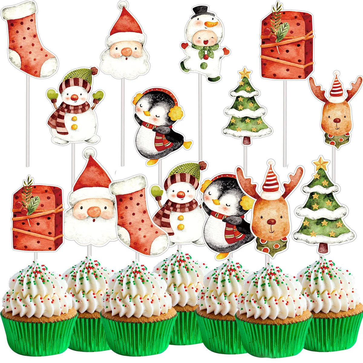 16 Teile/satz Weihnachten Cupcake Topper Karton Deer/Santa/Snowan Papier Topper Für Frohe Weihnachten Party DIY Kuchen Dekoration liefert