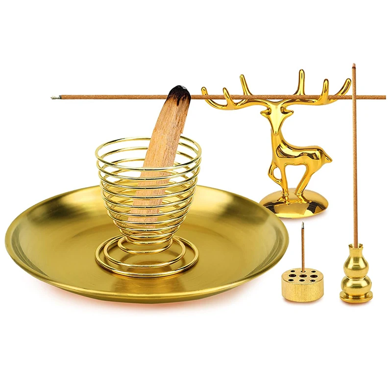 5 in 1 Incense Holder Golden Elk Holder Home Decor for Incense Sticks Coil Incense Cones 5.5 inch Brass Ash Catcher Incense Base