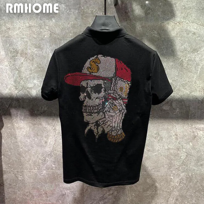 Men\'s Lapel T-shirt Polo Skull Handsome Rhinestone Design Short Sleeved Tops Cotton Summer Fashion Clothing Hip-hop Streetwear