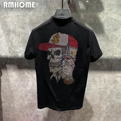 Men's Lapel T-shirt Polo Skull Handsome Rhinestone Design  Short Sleeved Tops Cotton Summer Fashion Clothing Hip-hop Streetwear