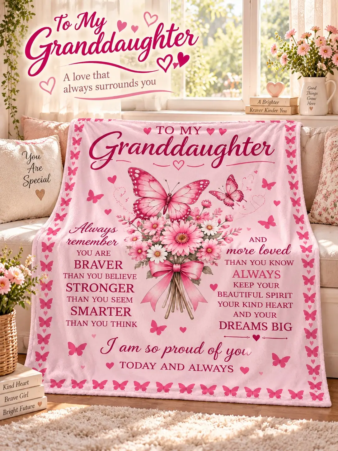 Granddaughter Flannel Blankets & Throws Butterfly Flower Bouquet Encouragement Message Gift From Grandma for Birthday Christmas Anniversary Thanksgiving Couch Bed Bedroom Living Room Travel Nap Office Dorm Camping Holiday Keepsake Family Present
