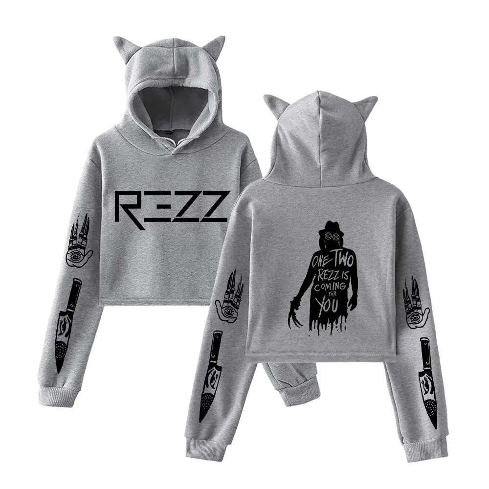 Rezz One Two Cat Ear Hoodie Women Long Sleeve Sweatshirts Casual Streetwear Crop Tops