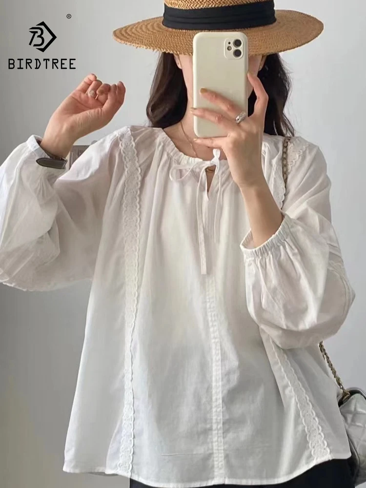 

New Summer Cotton Lantern Sleeve Shirt, Women O Neck Lace-up Tops, Mori Girl Casual Loose Sweet Blouse, 2024 Autumn T48238QC