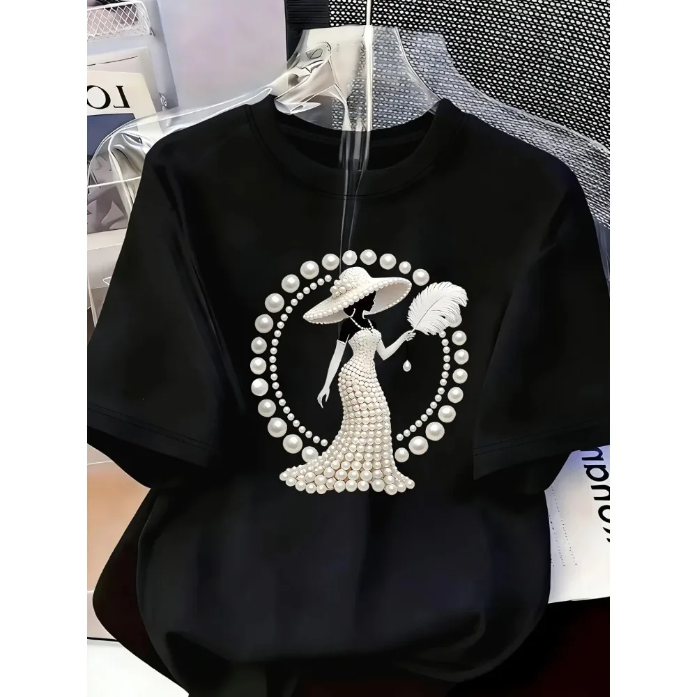 Women's Printed T-Shirt Pearl Diamond Jewelry Women's Design Casual Round Neck Short sleeved Top Urban Style Printed T-Shirt