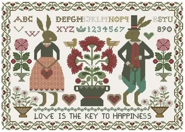 

Cross stitch Handmade 14CT Counted Canvas DIY,Cross-stitch kits,Embroidery girls' rabbit couple - love is the key 60-45